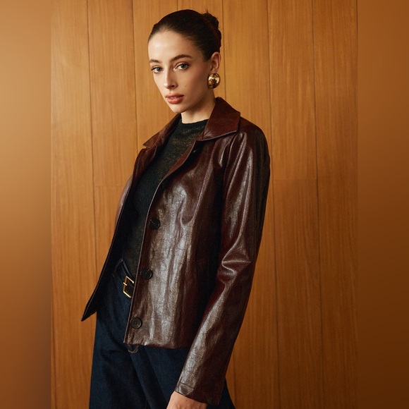 Commense Faux Leather Zipper Short Polo Jacket - Picture 4 of 15